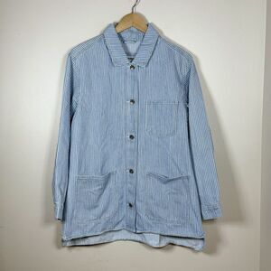 Old Navy Railroad Stripe Jean Shacket Womens L Blue White Button Front Cotton